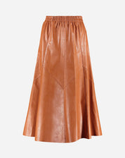 Saia midi Statement em caramelo com recortes assimétricos, vista completa.