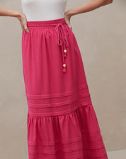 Saia Midi Alongada Linho Texturizado Detalhe Pregas - Rosa