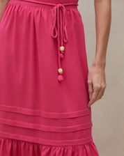 Saia Midi Alongada Linho Texturizado Detalhe Pregas - Rosa