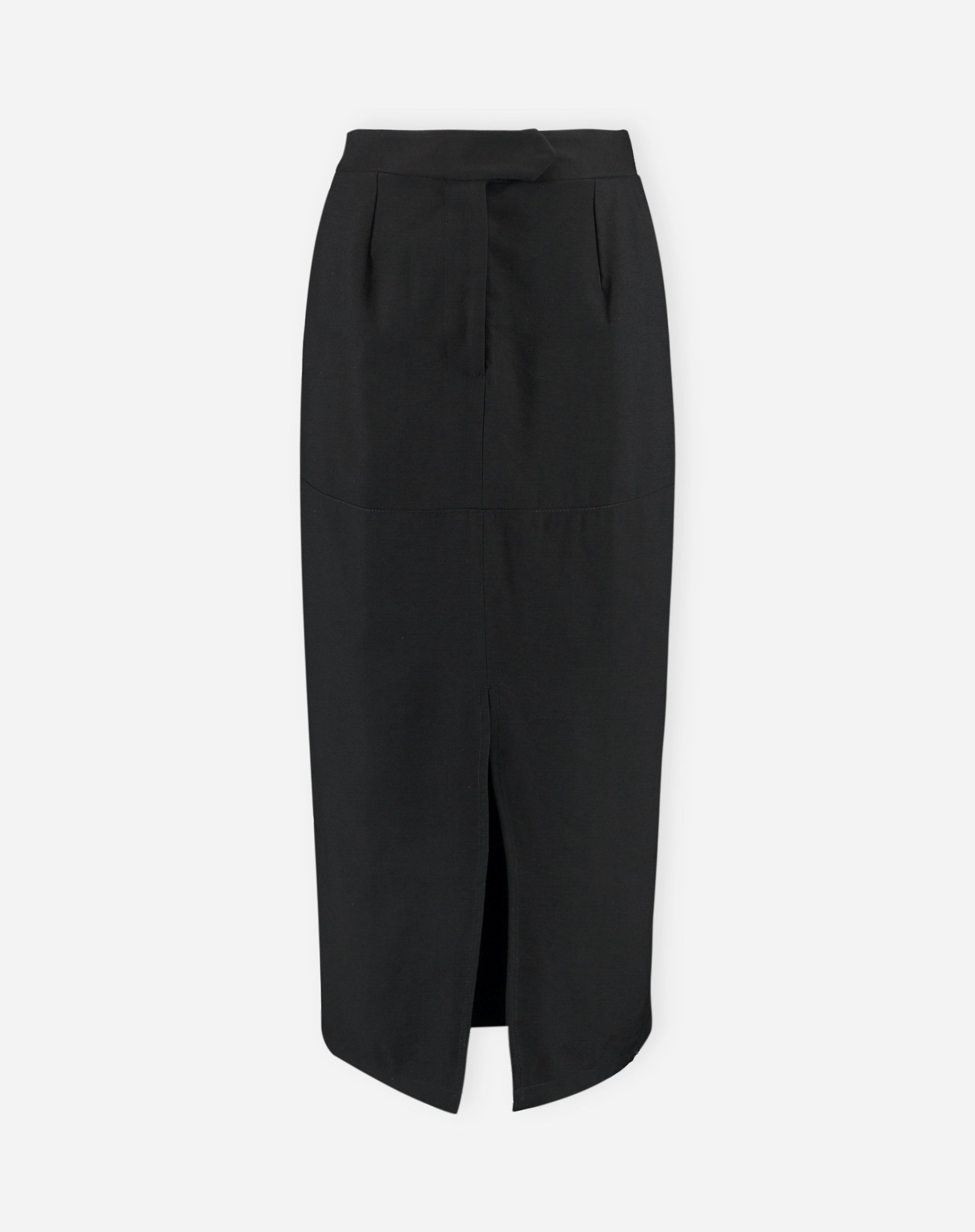 Imagem da saia midi preta com fenda frontal, em fundo branco.