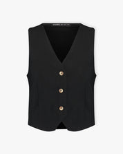 Imagem do colete preto de alfaiataria com decote V em fundo branco.