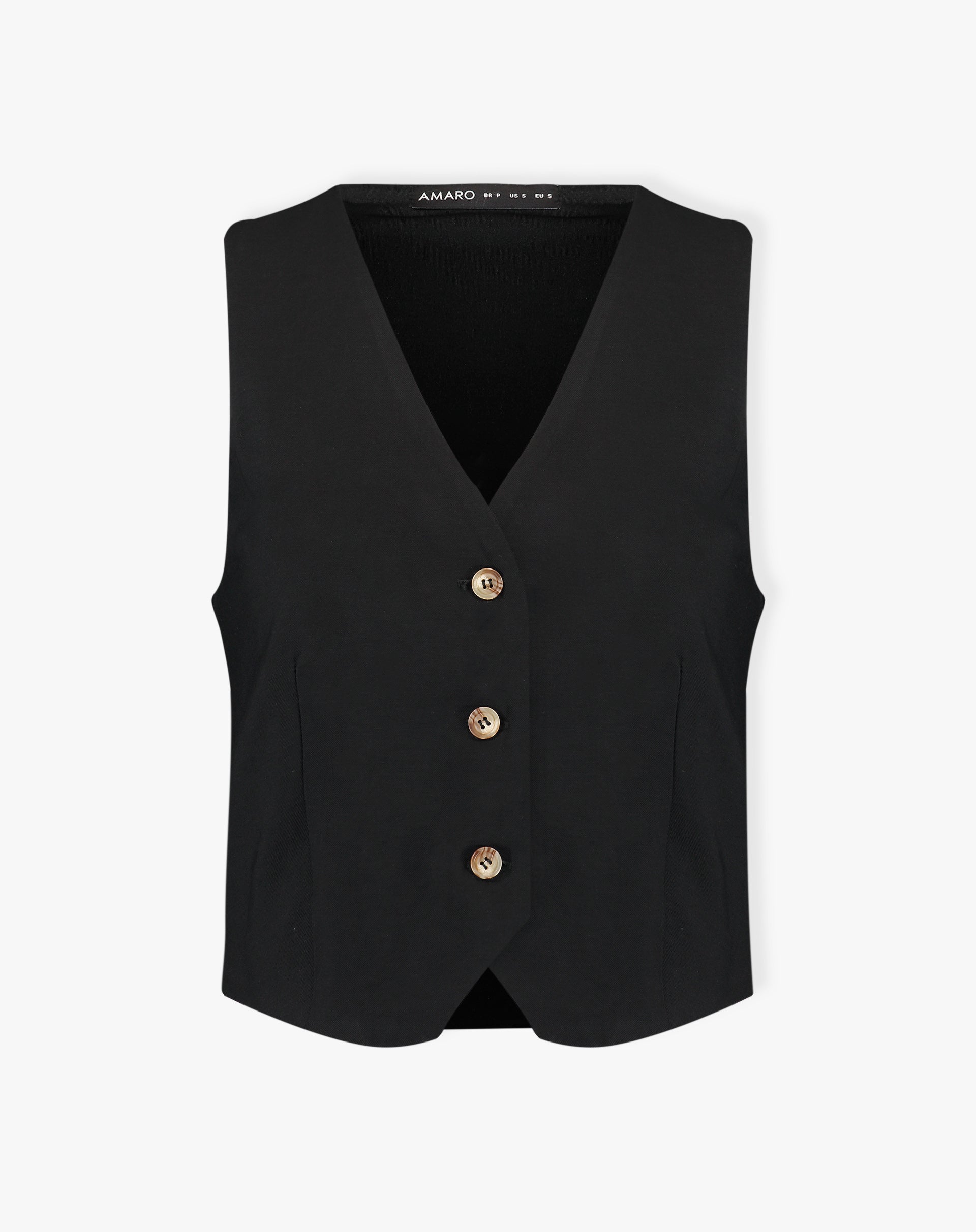 Imagem do colete preto de alfaiataria com decote V em fundo branco.