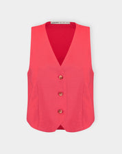 Imagem de um colete de alfaiataria vermelho com decote em V, em fundo branco.