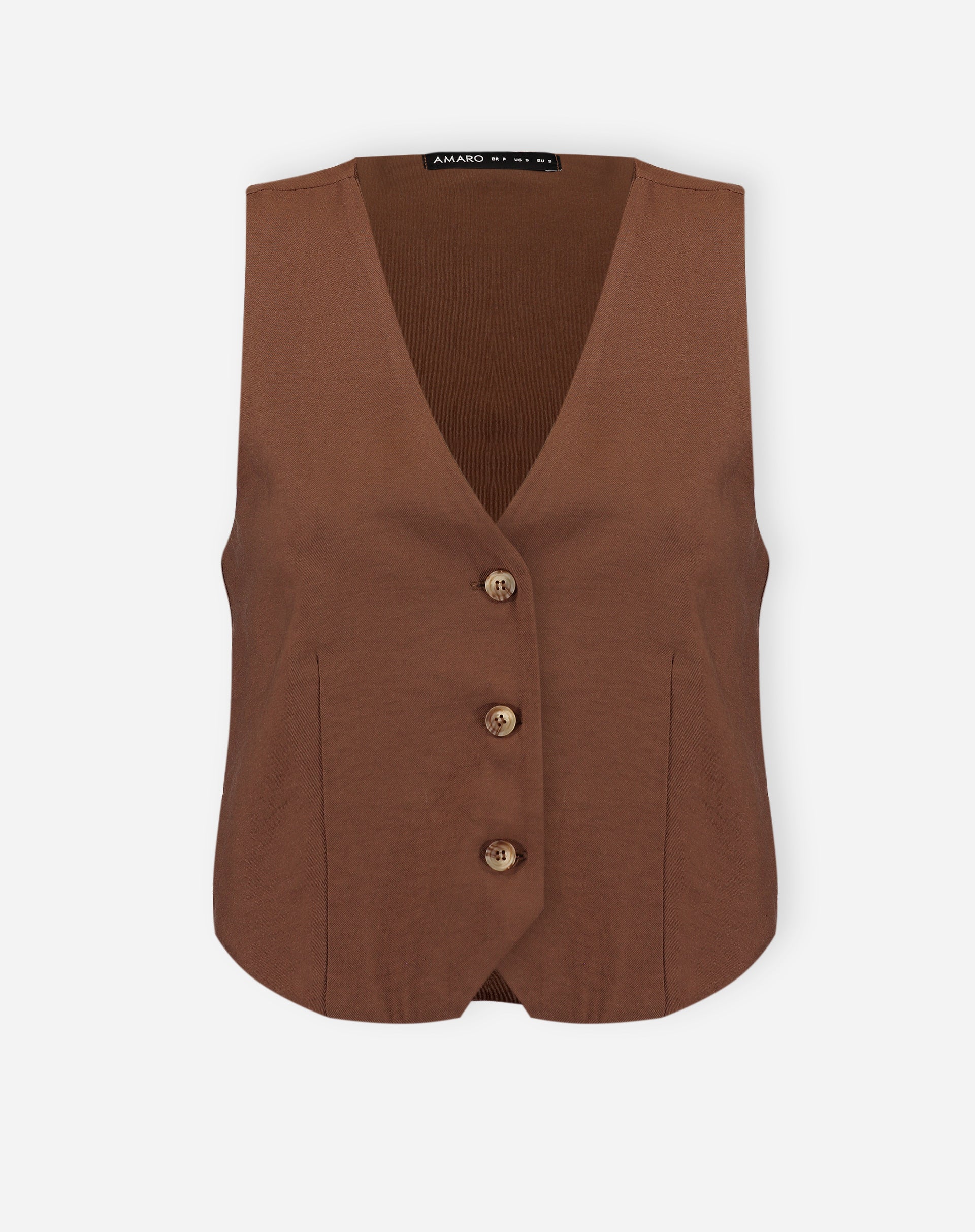 Imagem do colete de alfaiataria marrom em fundo branco.
