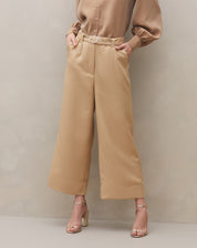 Calça Wide de Alfaiataria Risca de Giz - Bege