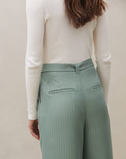 Calça Wide de Alfaiataria Risca de Giz - Verde Musgo