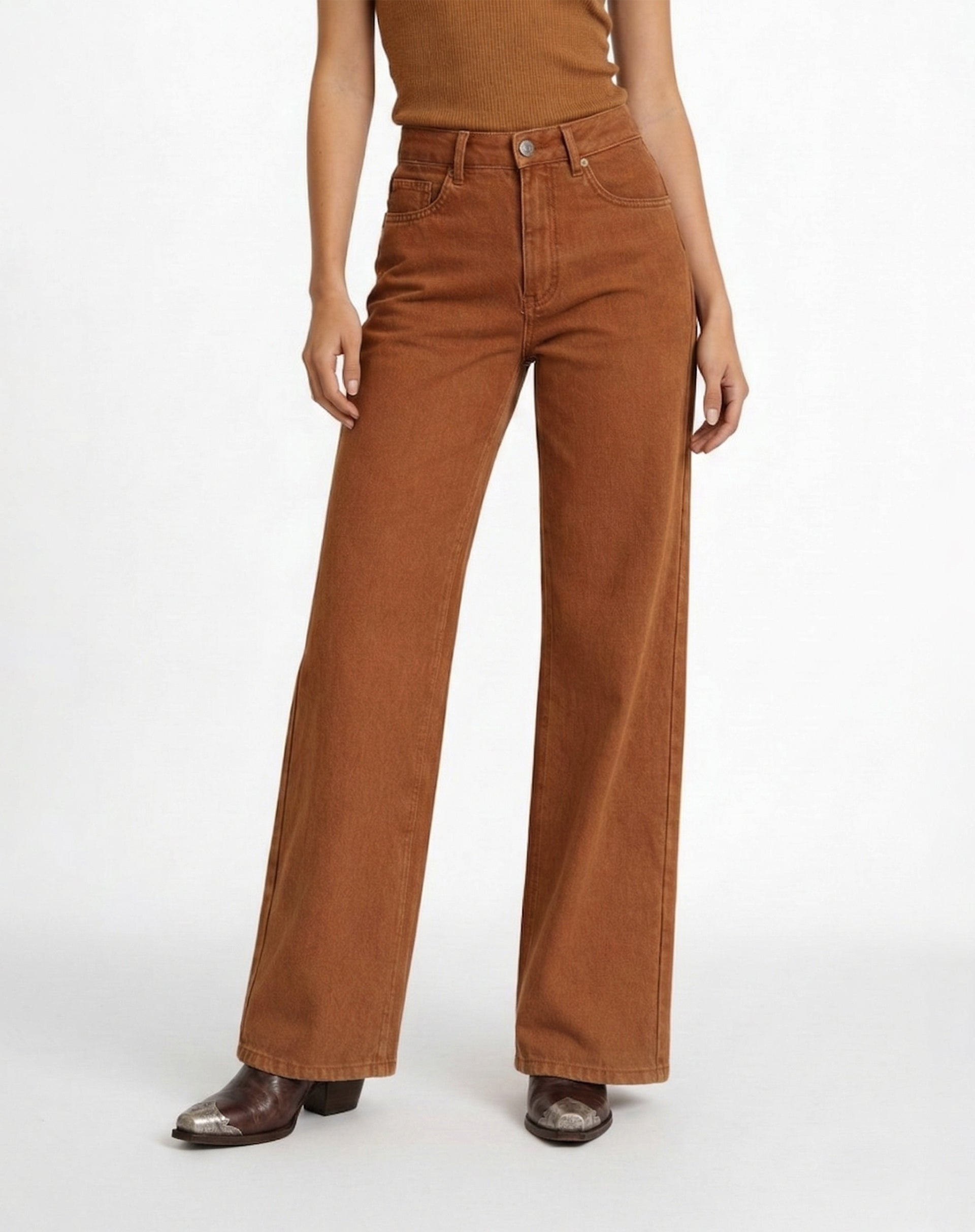 Calça Wide Leg de Sarja - Ocre