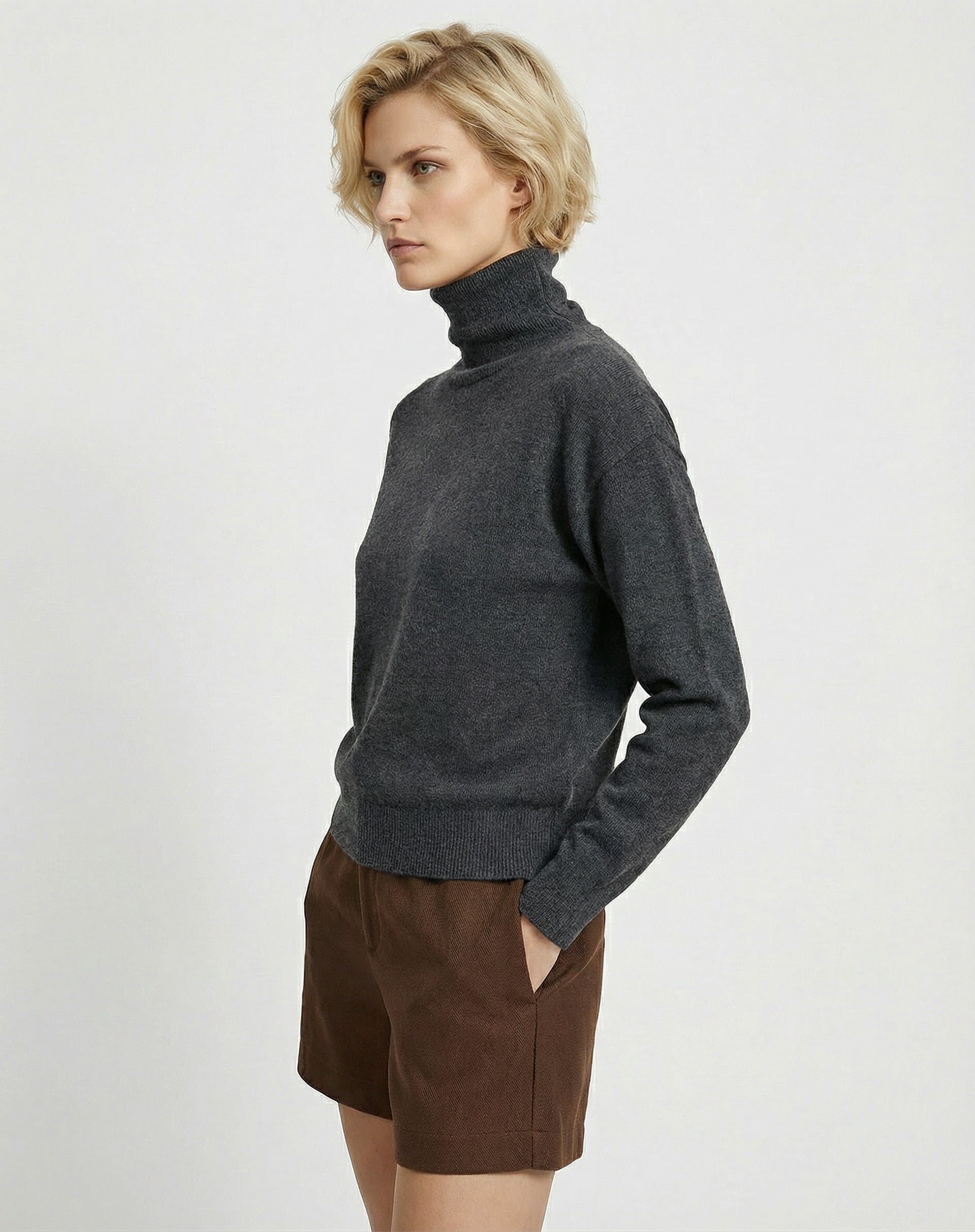 Suéter Cashmere Deluxe Gola Alta  - Cinza Mescla Escuro