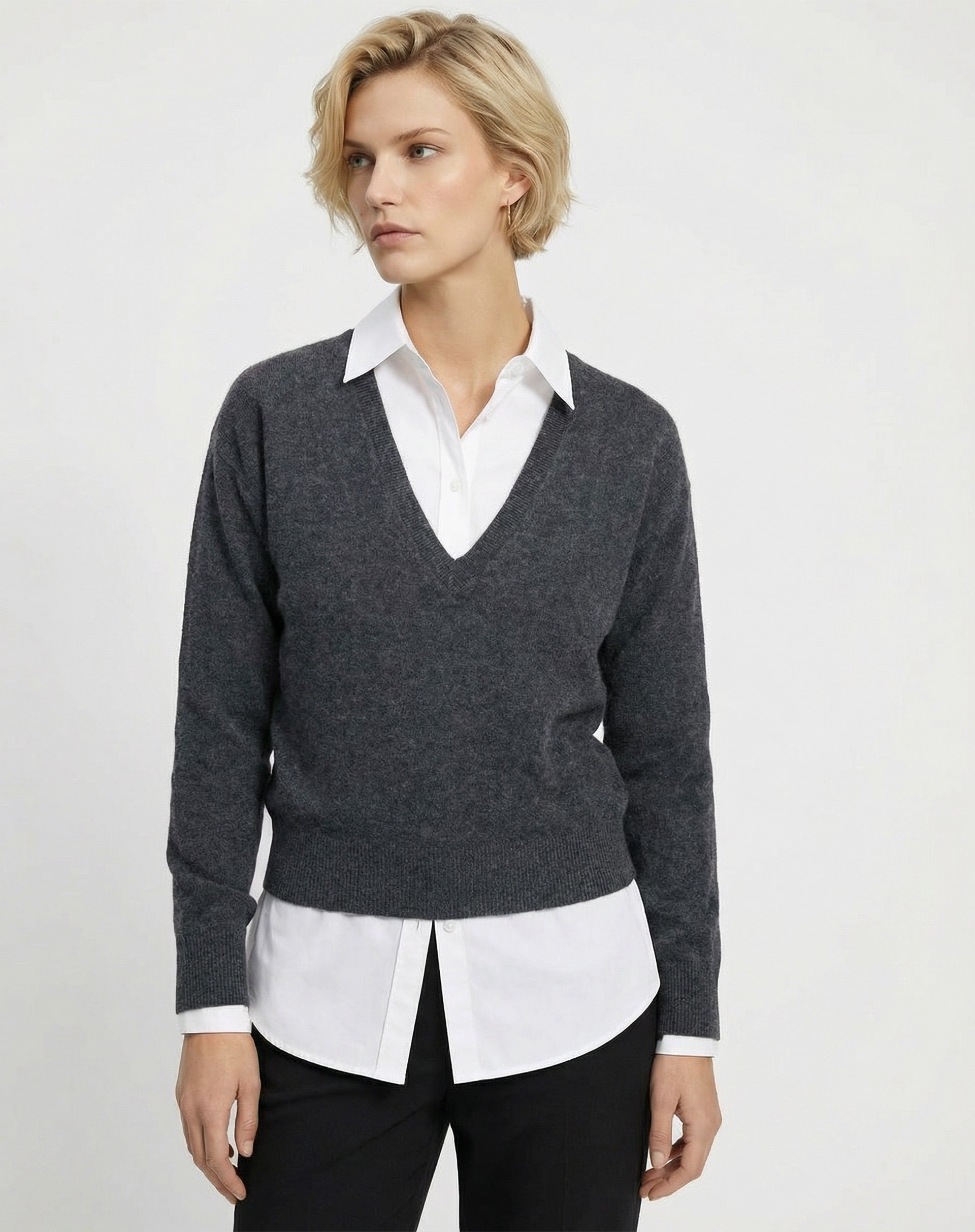 Suéter Cashmere Deluxe Gola V - Cinza Mescla Escuro