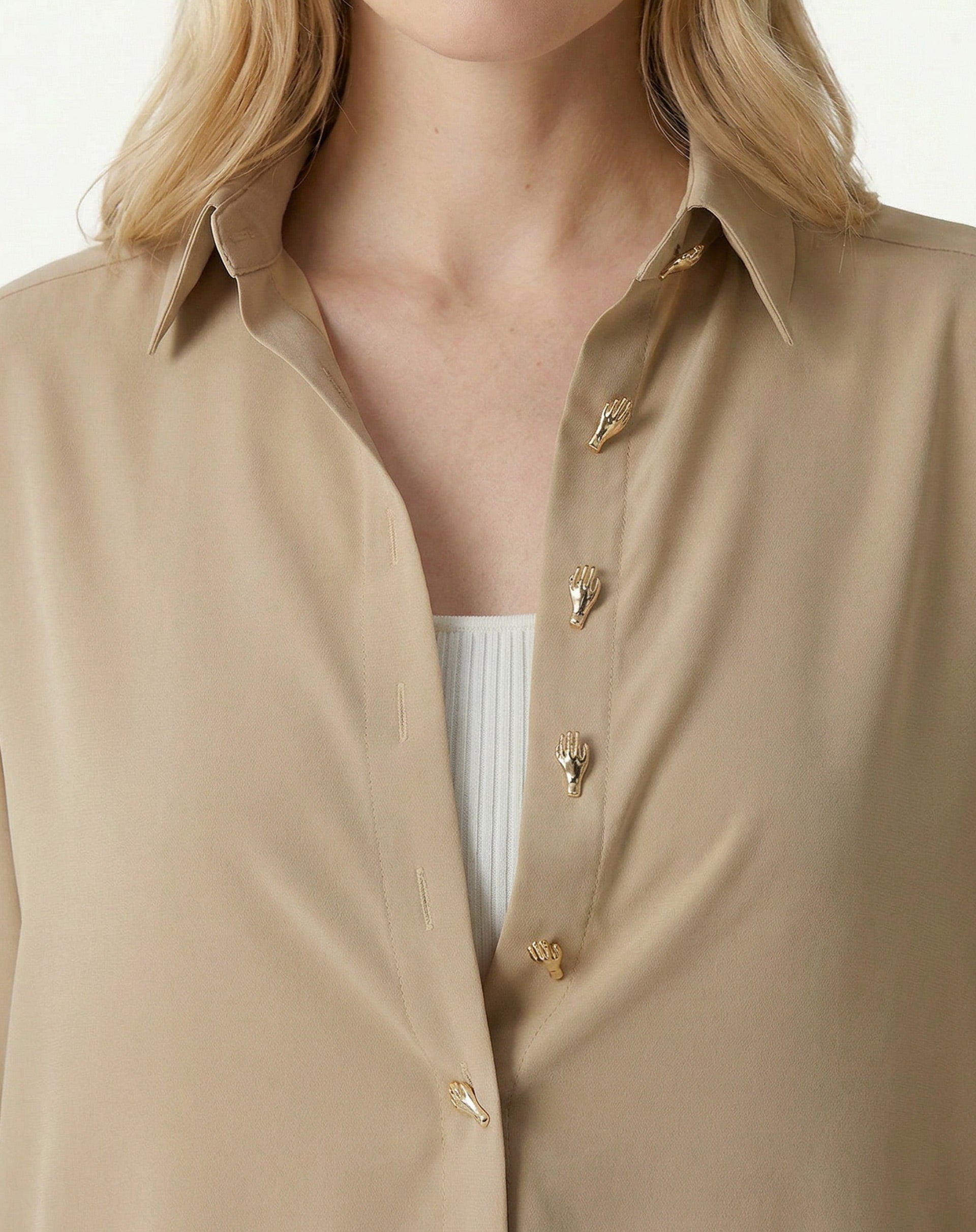 Camisa Alongada Com Fenda - Bege