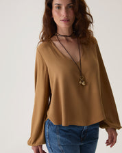 BLUSA MANGA LONGA DECOTE V - MARROM