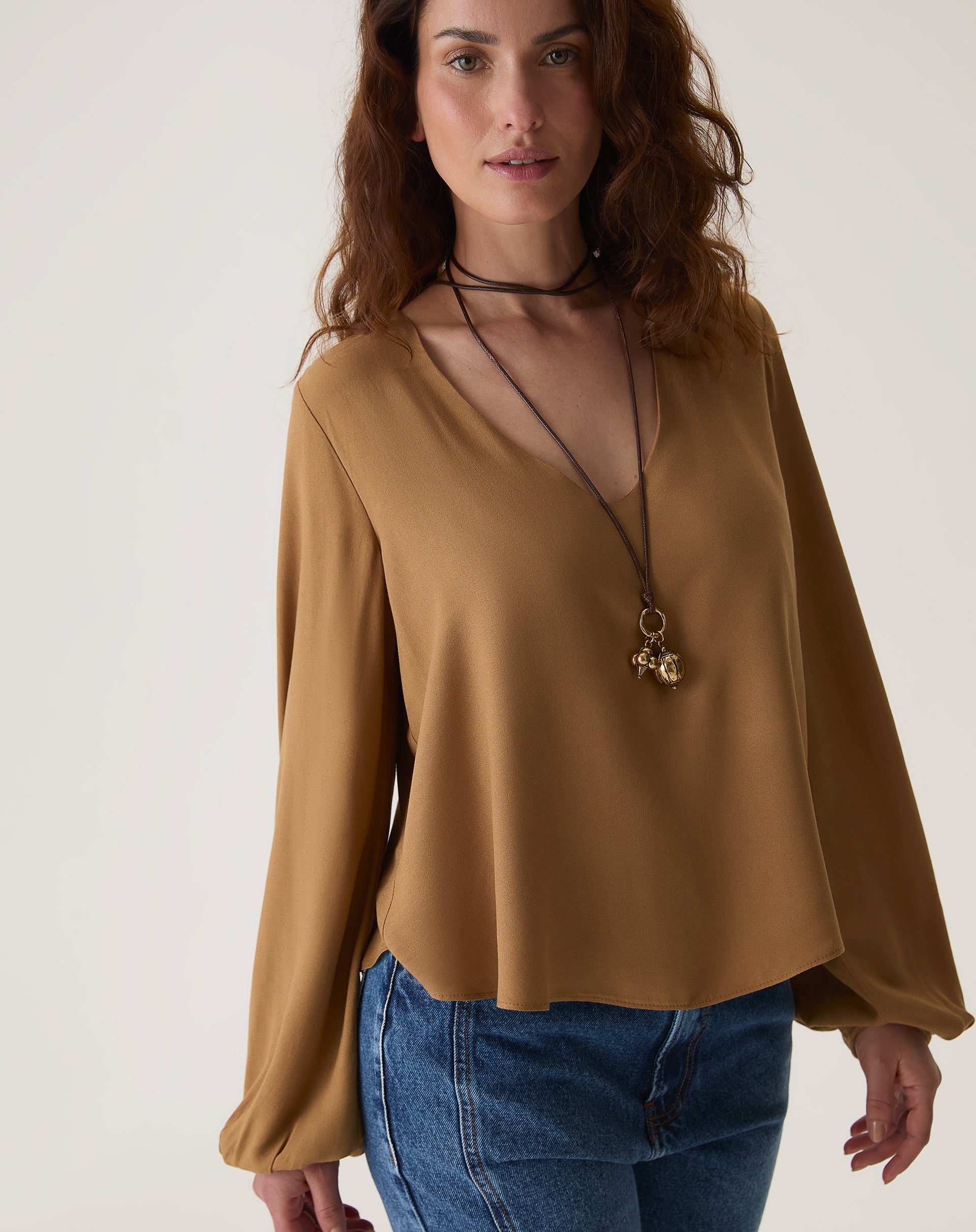 BLUSA MANGA LONGA DECOTE V - MARROM