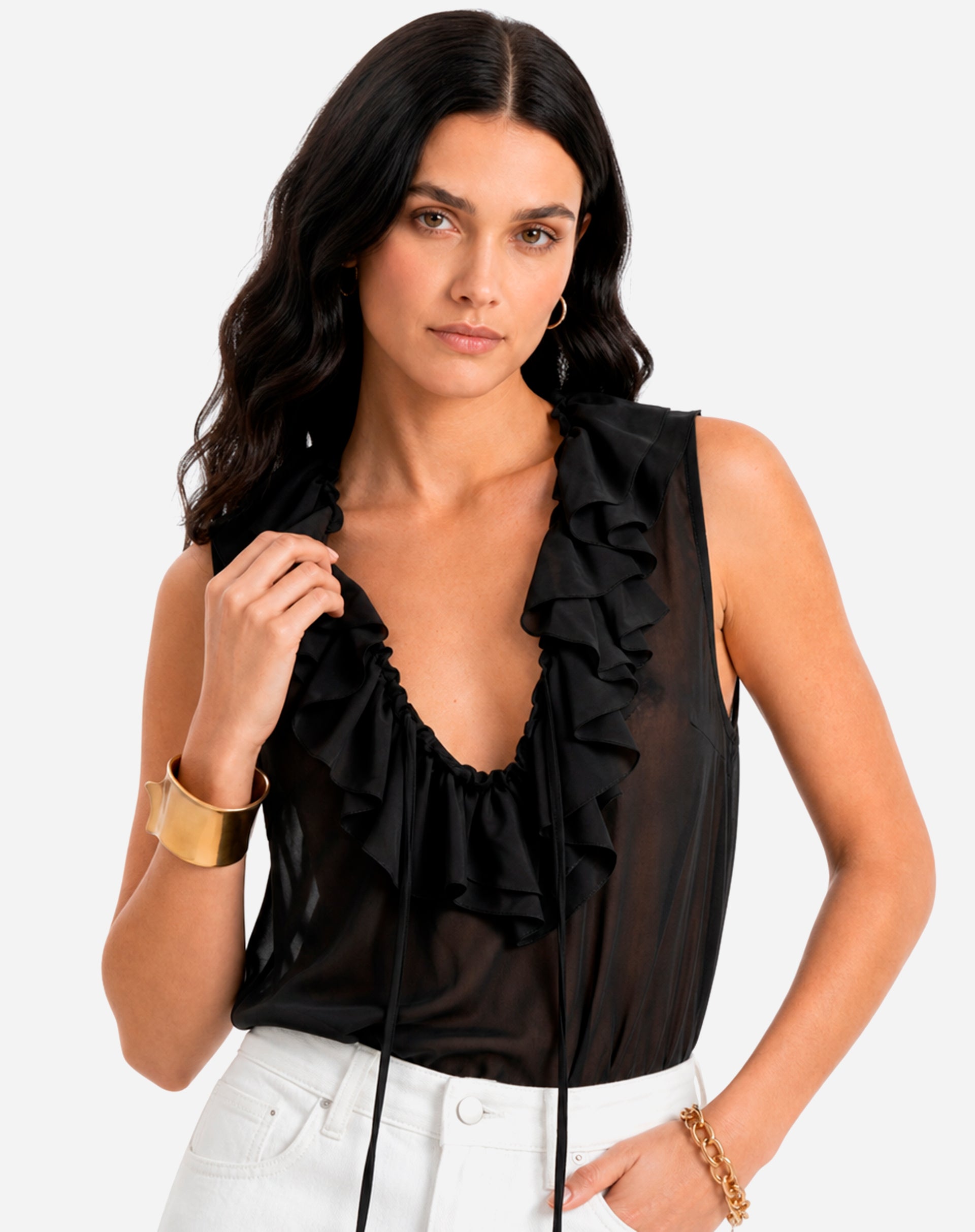 Blusa com Gola de Babados - Preto