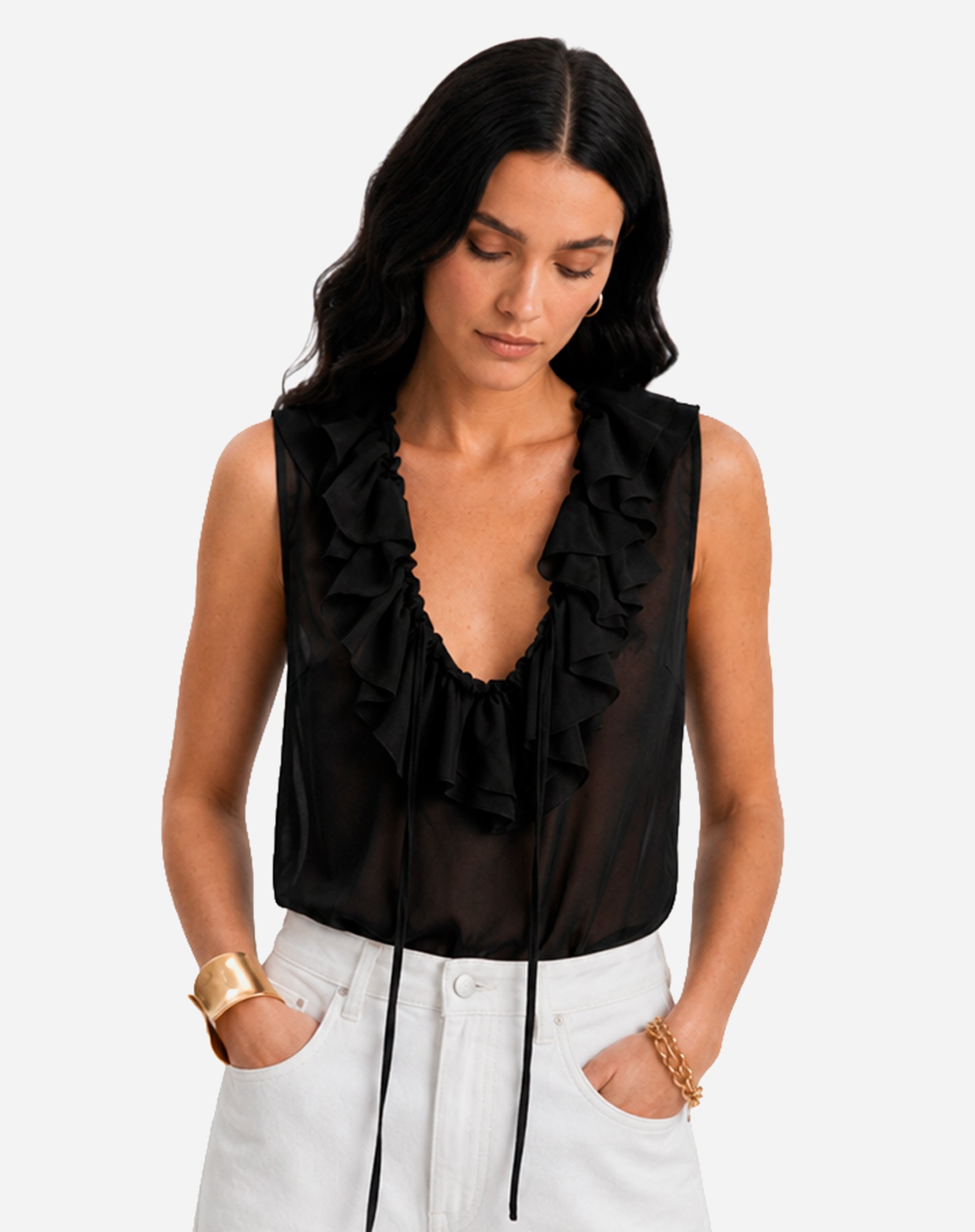 Blusa com Gola de Babados - Preto