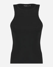 Blusa preta de tricô com decote halter, vista lateral.