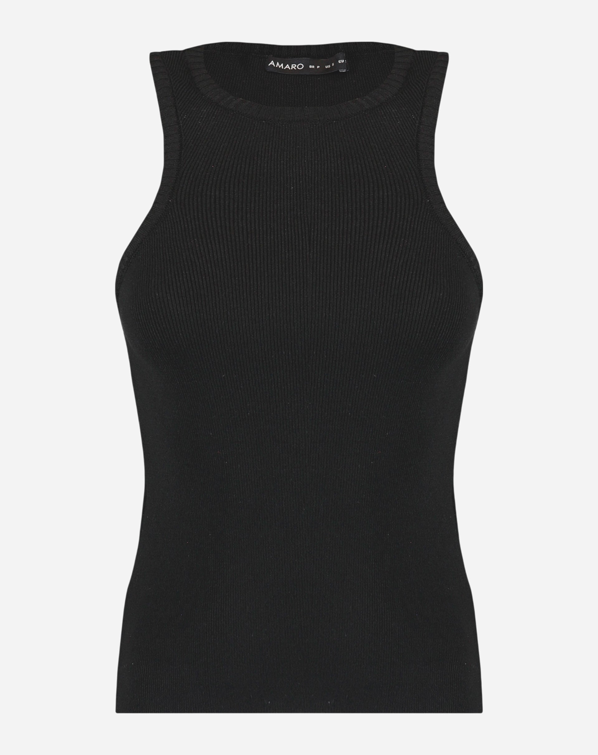 Blusa preta de tricô com decote halter, vista lateral.