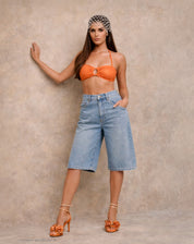 BERMUDA JEANS ALONGADA EVASÊ - AZUL MÉDIO