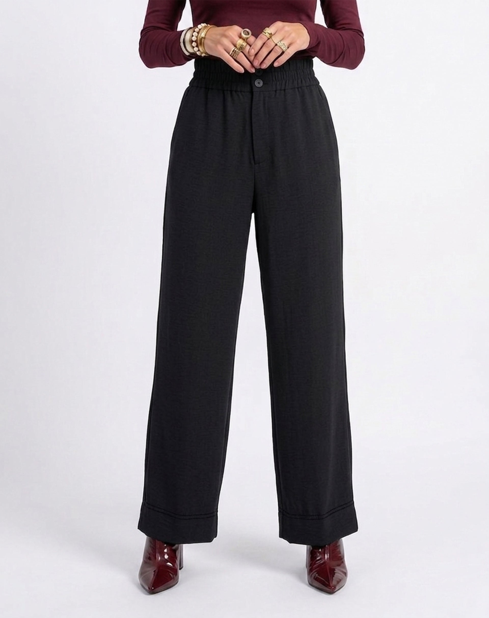 Calça Pantalona com Cós de Elástico - Preto
