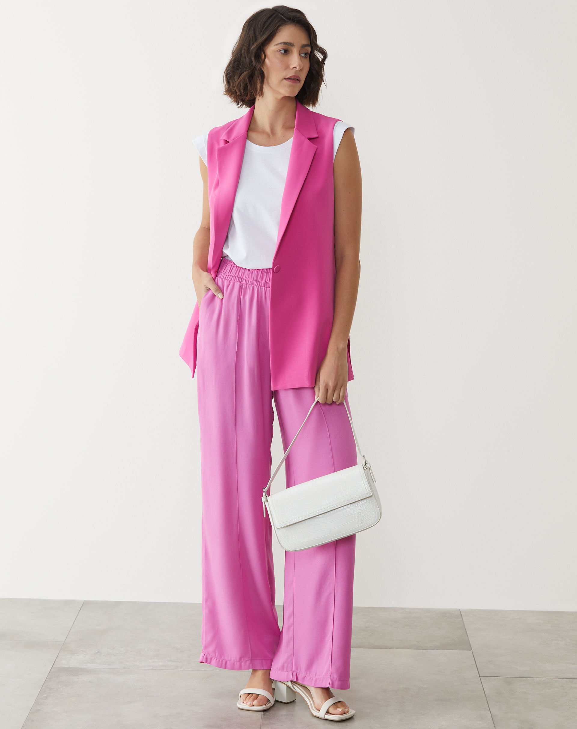 CALÇA VISCOSE CÓS ELÁSTICO COM FRISO - ROSA