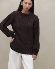 Suéter Manga Longa de Tricot Trançado - Marrom