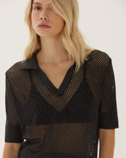 Close-up da blusa polo de tricot telado mostrando detalhes da gola.