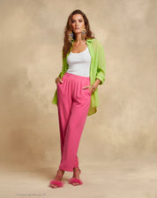 Calça Wide Leg Cós Elástico com Pregas - Coral