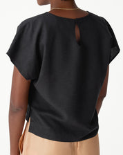 Blusa preta com detalhe nas costas, vista traseira.