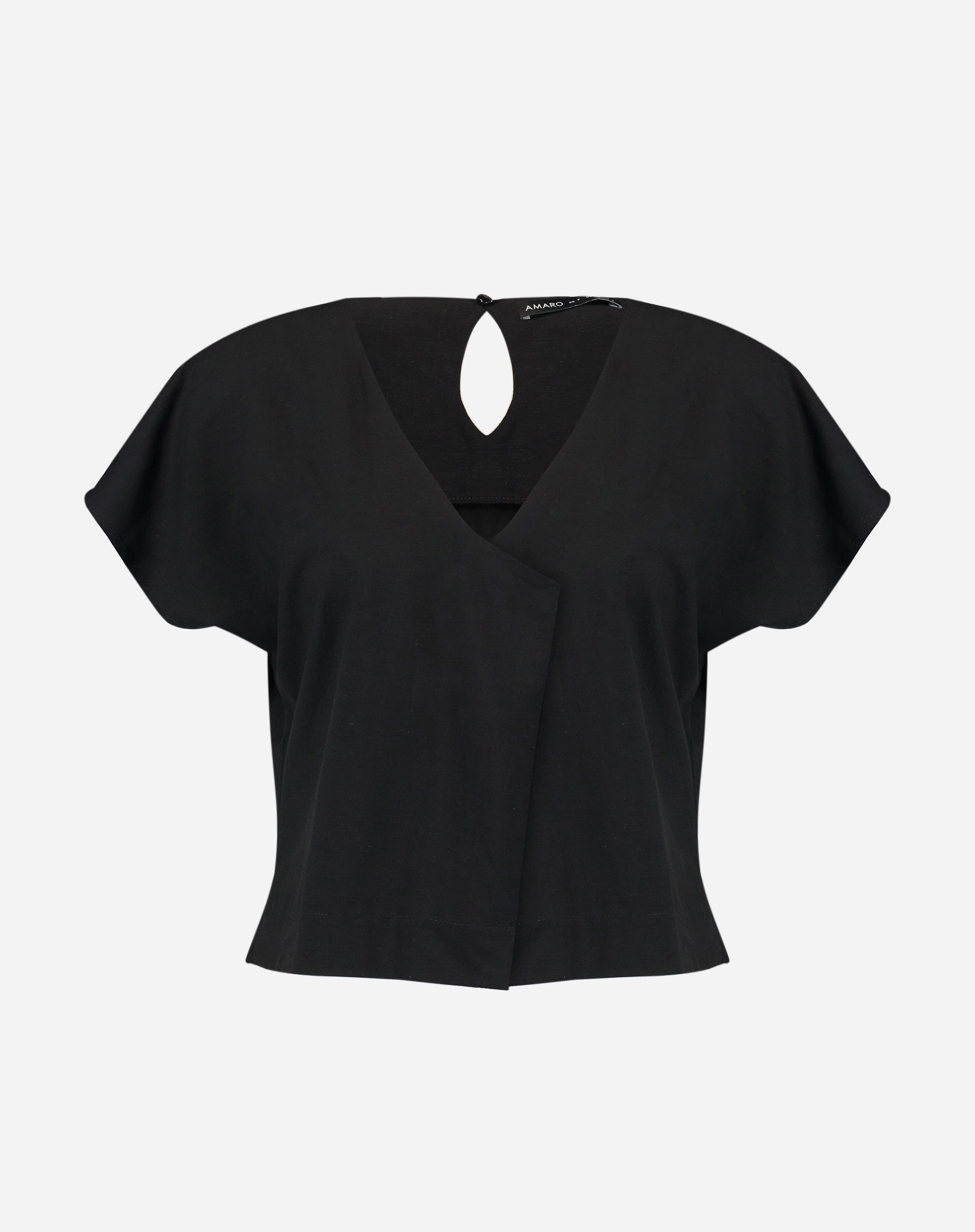 Blusa preta com detalhe de abertura nas costas, vista plana.