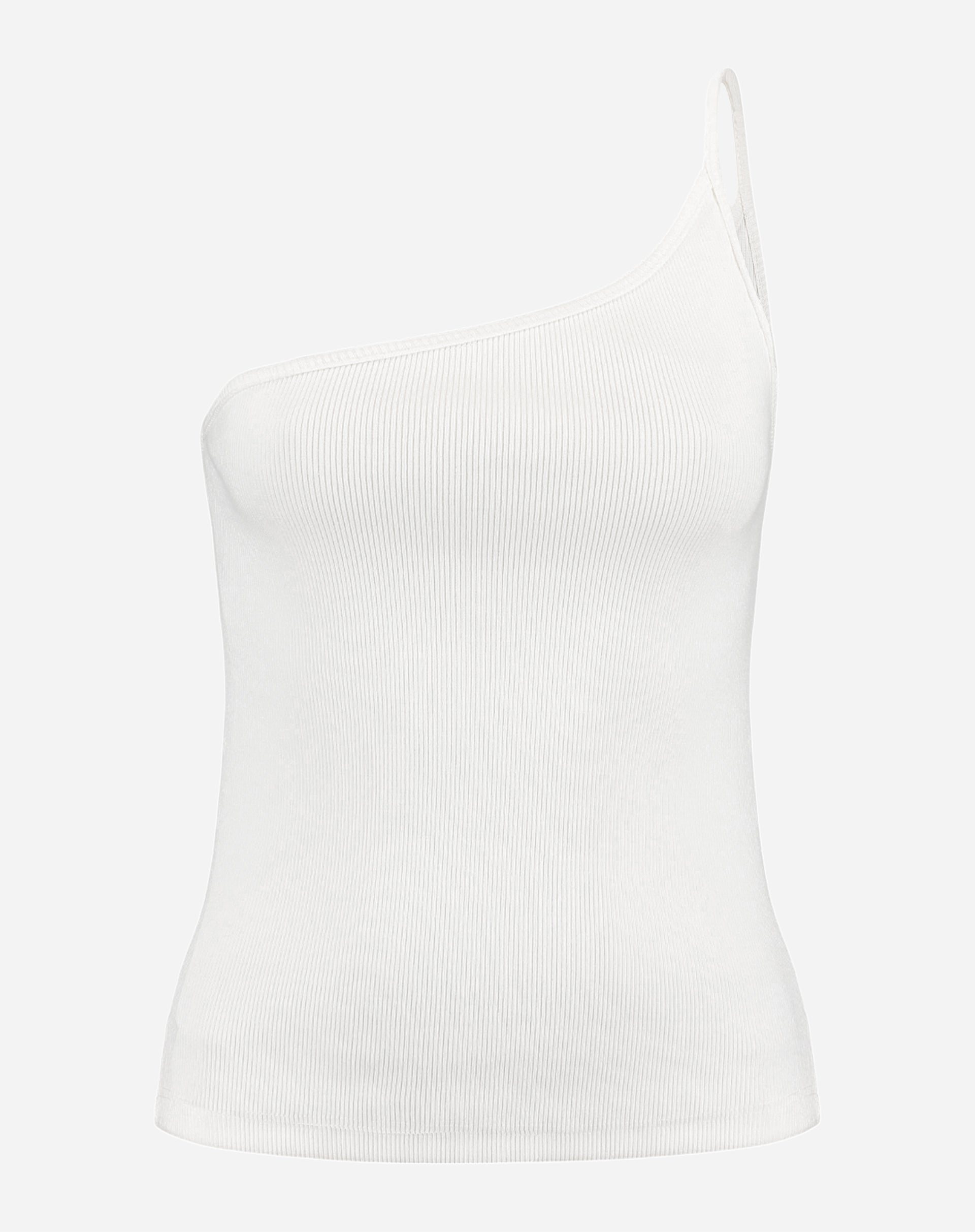 Imagem da blusa um ombro só de ribana power off-white em fundo branco, mostrando o design completo.