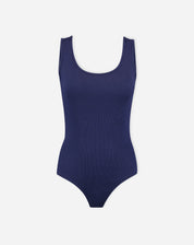 Imagem do body azul marinho em fundo branco, mostrando o design completo.