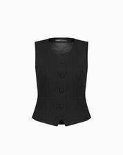 Foto do produto em fundo branco: colete alfaiataria preto slim com botões forrados e interior forrado aparente.