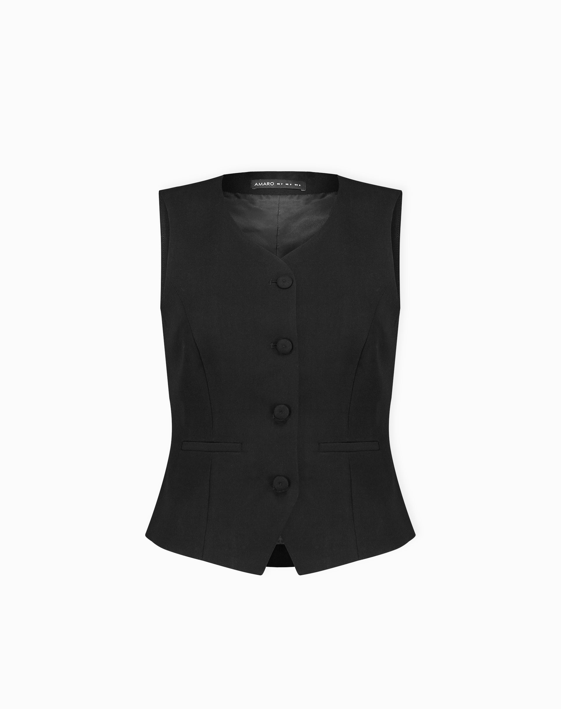 Foto do produto em fundo branco: colete alfaiataria preto slim com botões forrados e interior forrado aparente.