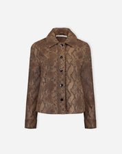 Imagem de produto sobre fundo branco da jaqueta quadrada cobra PU caramelo com fechamento frontal por botões