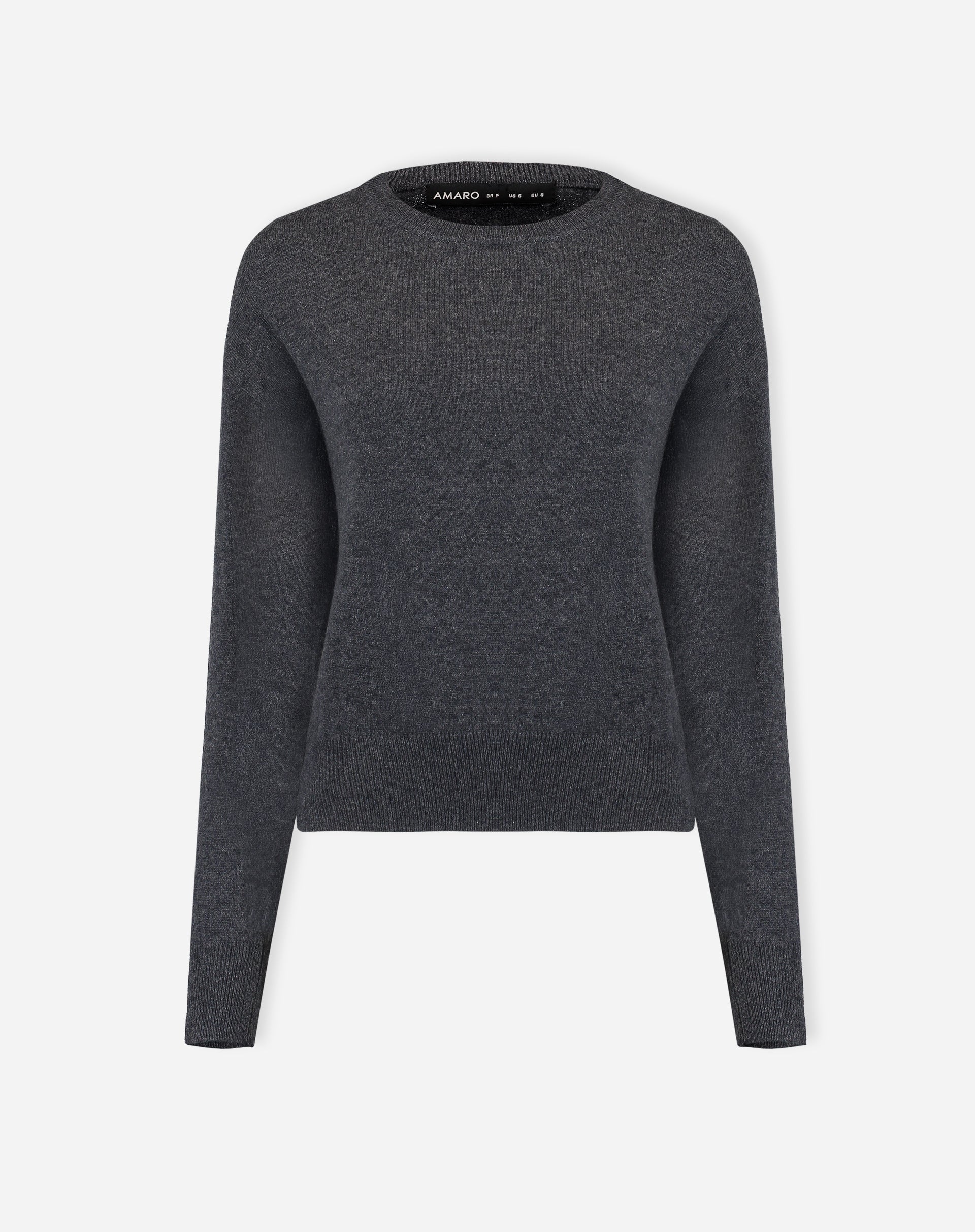 Imagem do produto isolado: suéter gola redonda de cashmere cinza mescla escuro com barra canelada