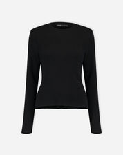 Vista traseira do suéter de tricô de gola redonda preto, mostrando o ajuste e a barra canelada.