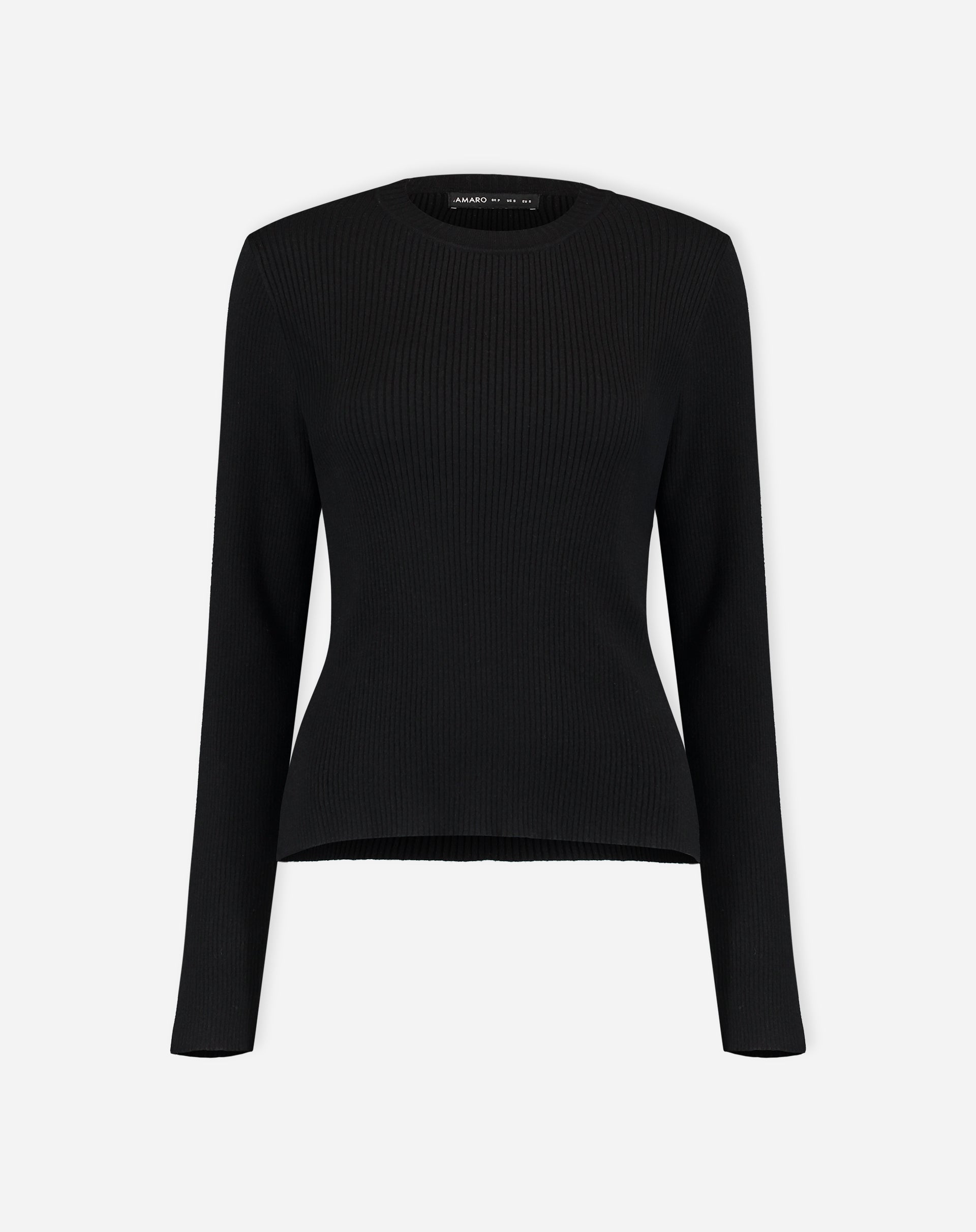 Vista traseira do suéter de tricô de gola redonda preto, mostrando o ajuste e a barra canelada.