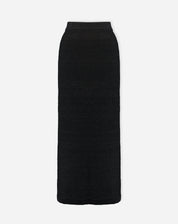 Imagem do produto isolado: saia longa tricot preta sobre fundo branco, silhueta slim e barra levemente arredondada