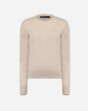 Vista lateral/traseira do suéter de gola careca cáqui em cashmere, destacando o corte dos ombros e o caimento solto nas costas.