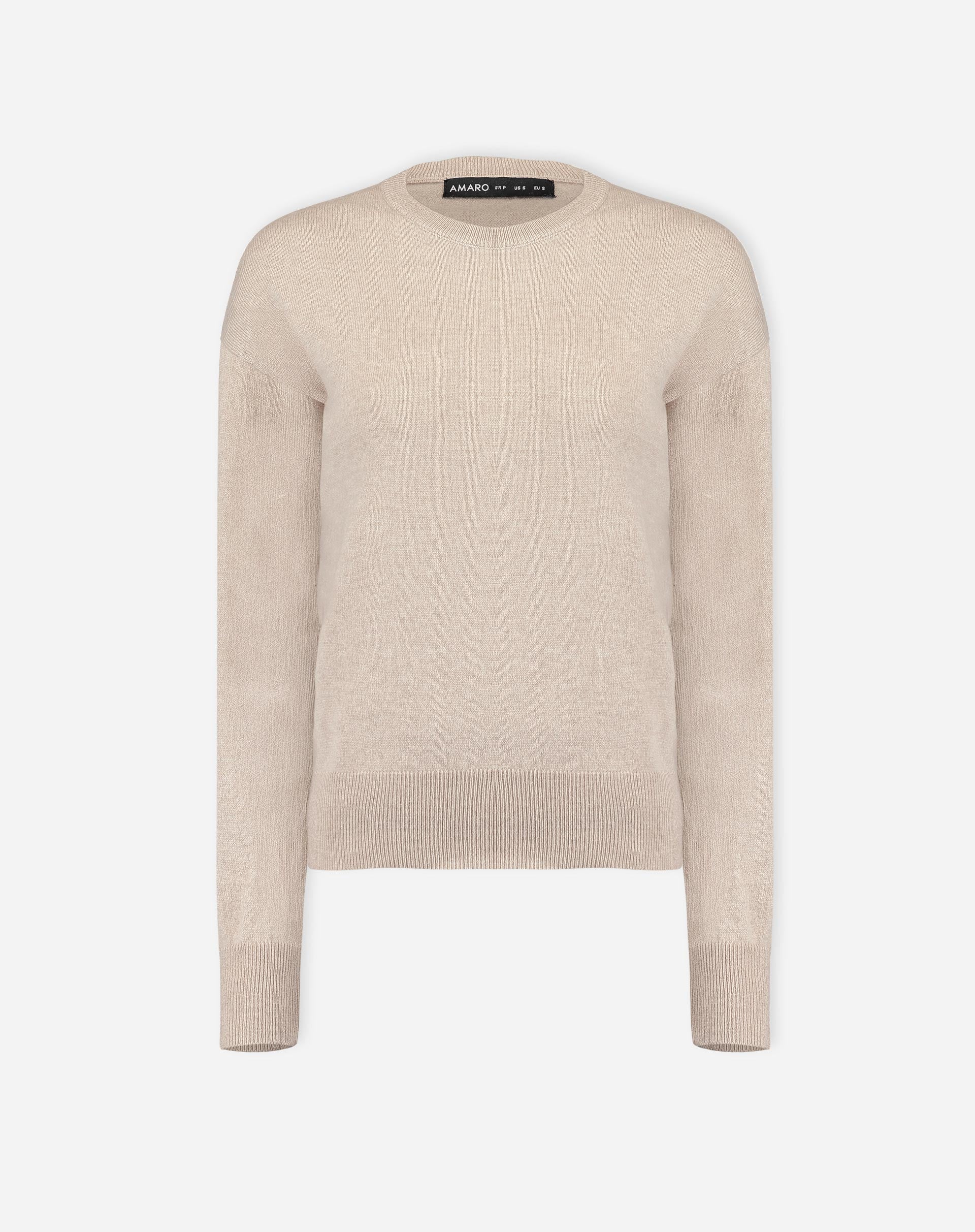 Vista lateral/traseira do suéter de gola careca cáqui em cashmere, destacando o corte dos ombros e o caimento solto nas costas.