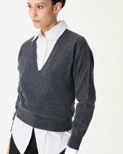 Foco nas mangas e na barra do suéter de cashmere cinza escuro, evidenciando a qualidade do tricot