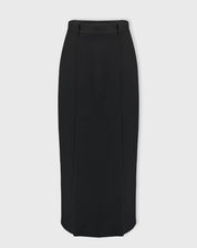 Foto do produto: saia midi preta alfaiataria vista plana sobre fundo claro com linhas de costura frontais.