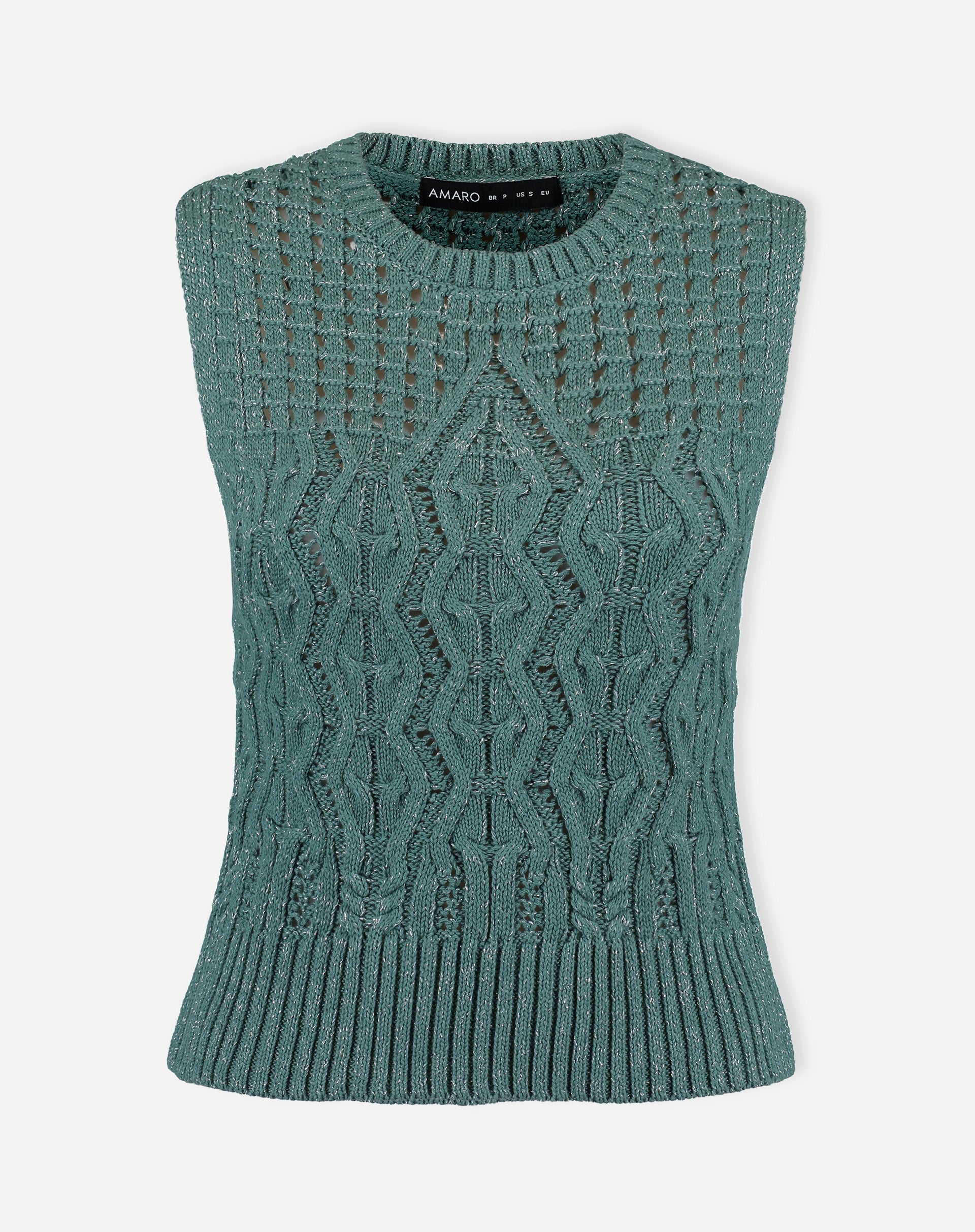 Regata tricot ponto diferenciado verde apresentada sozinha em fundo branco, vista frontal do produto