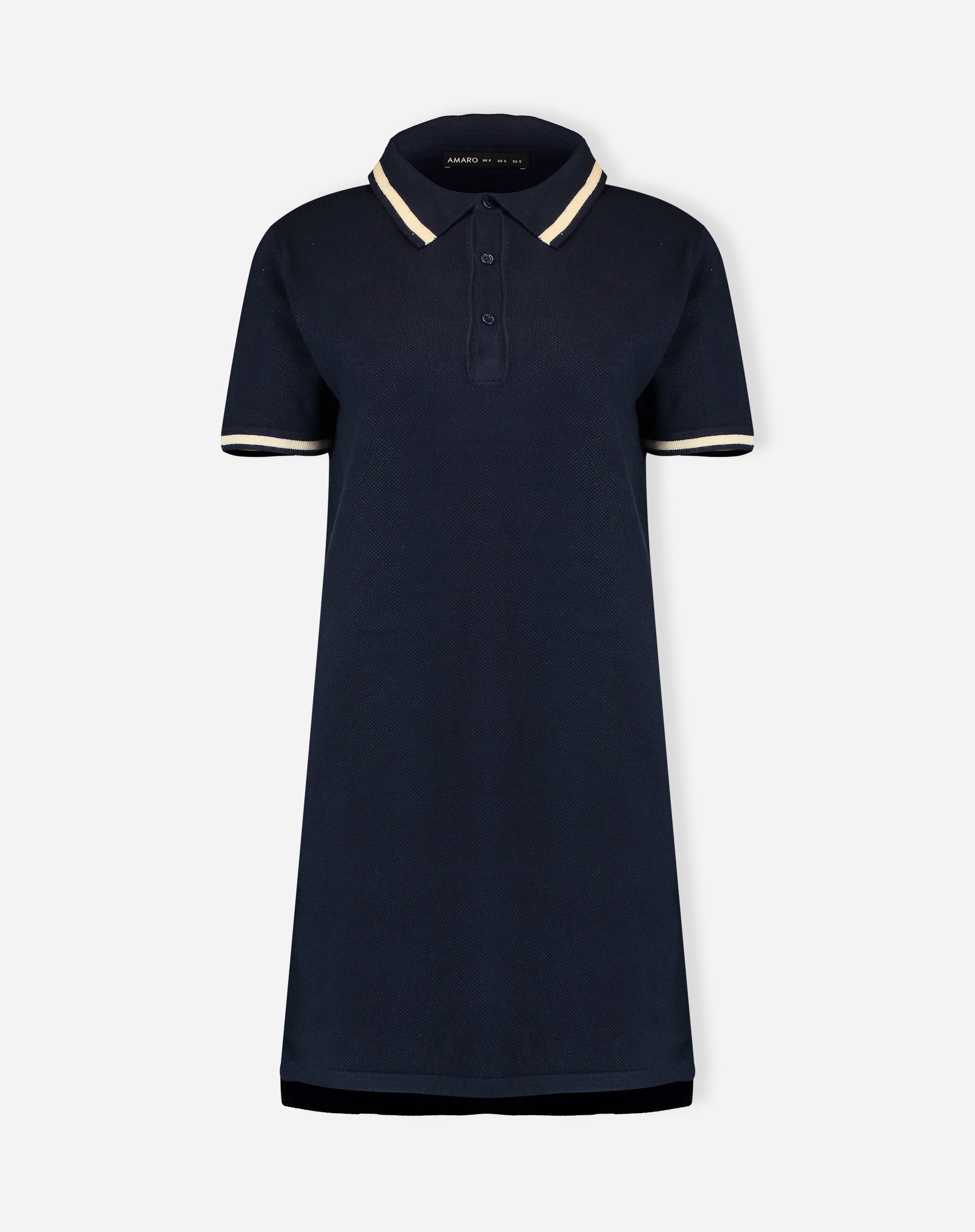 Product image on white background: navy blue polo knit dress, full frontal view highlighting collar, button fastening and short length