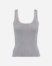 Regata tricot cinza mescla vista plana frontal com textura canelada e barra reta em fundo branco