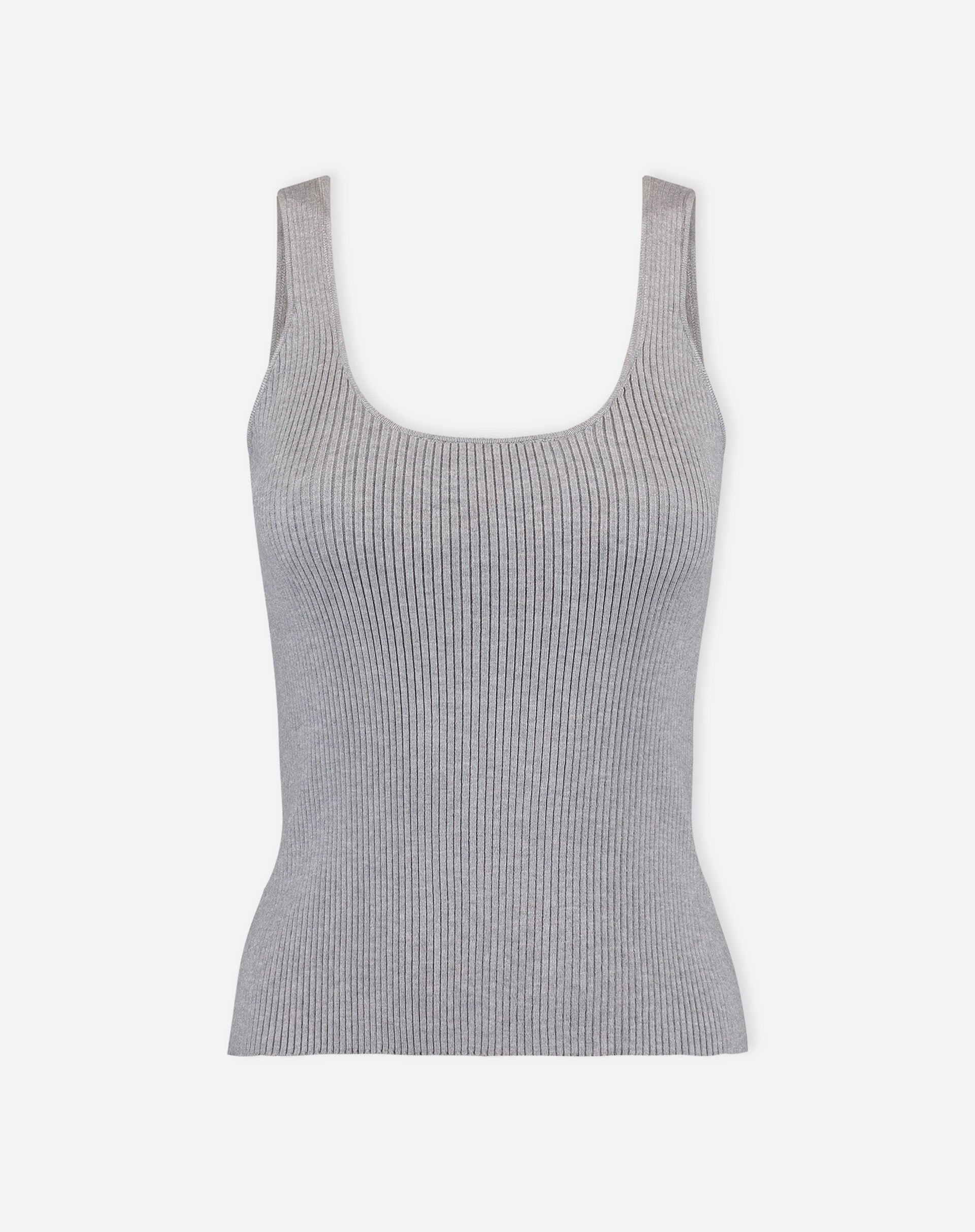 Regata tricot cinza mescla vista plana frontal com textura canelada e barra reta em fundo branco