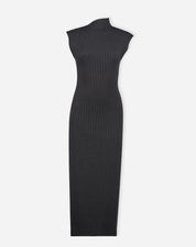 Imagem plana do vestido midi tricot cinza mescla sobre fundo branco exibindo silhueta alongada e gola alta