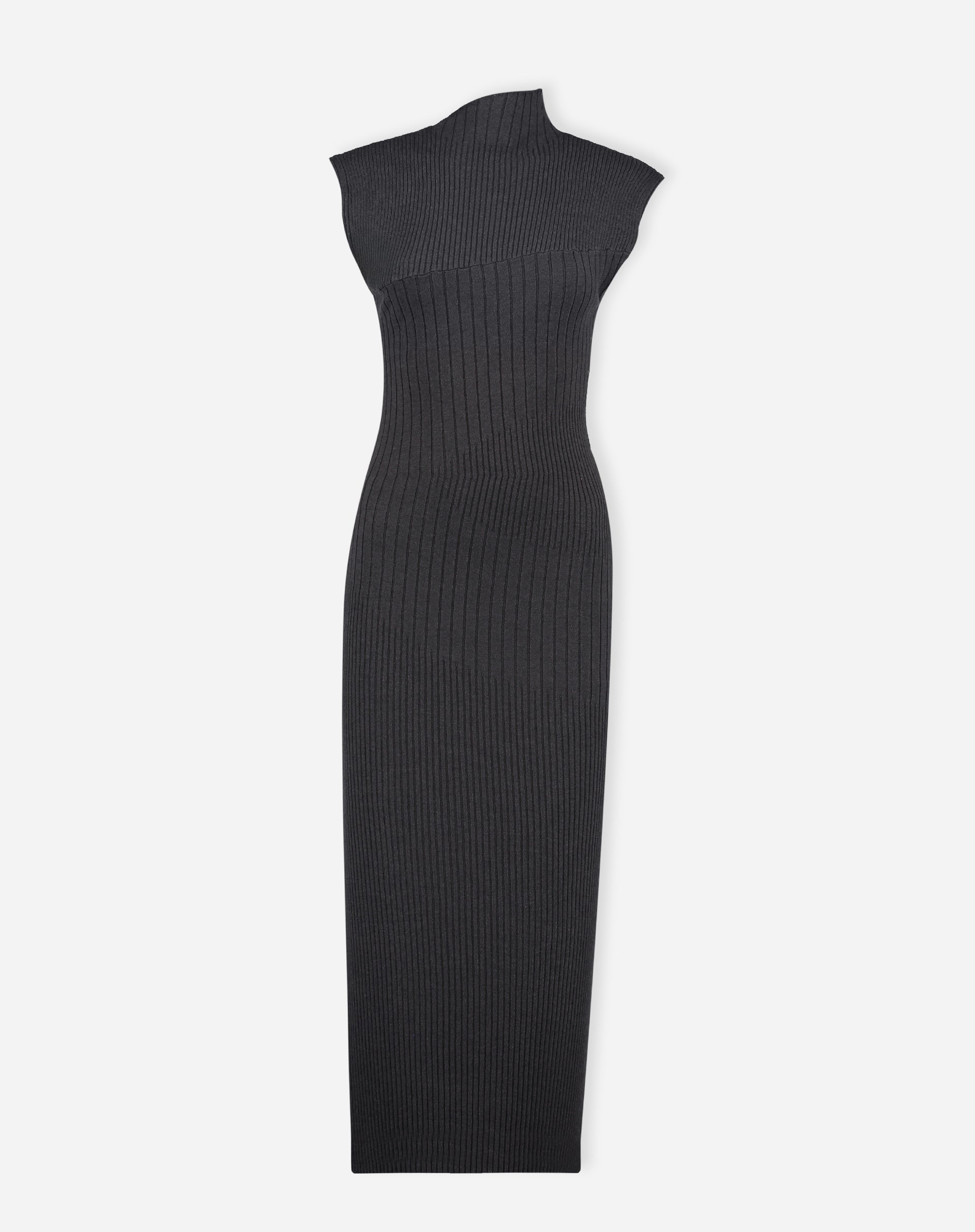 Imagem plana do vestido midi tricot cinza mescla sobre fundo branco exibindo silhueta alongada e gola alta