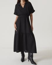 VESTIDO LONGO DECOTE V COM GOLA - PRETO