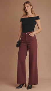 Calça Wide Leg Sarja - Vinho