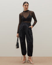 Calça Parachute Com Cós de Elástico e Bolso Cargo - PRETO